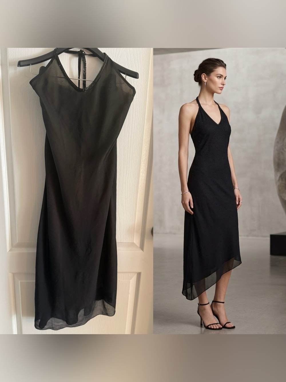 Vintage MNG Mango Y2K Black Mesh Sequined Halter Midi Dress